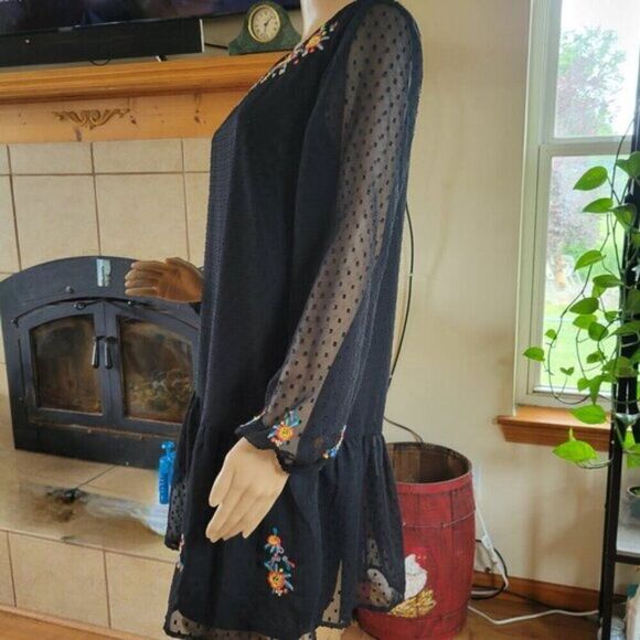 Japna Dress Black Embroidered Floral lined Med. chiffon Whimsigoth BOHO festival - Picture 8 of 15